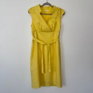 Kello Linen Dress Yellow Midi Pencil Skirt Belted Ballet Wrap V Neck Lined UK 8